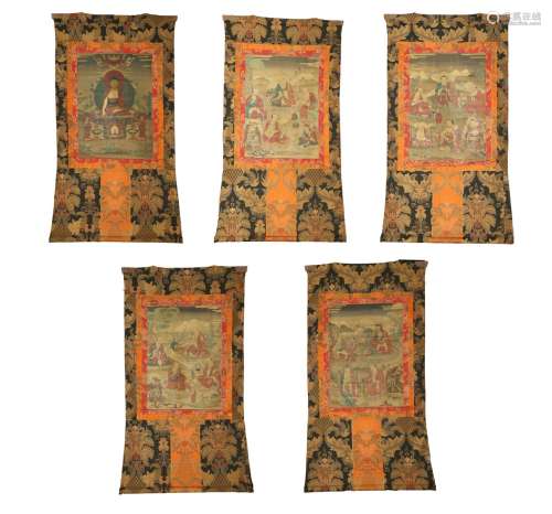A SET OF FIVE TIBETAN THANGKA OF BUDDHA