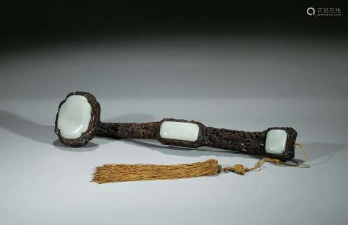 A ZITAN CARVED WHITE JADE INLAID POEM INSCRIBED RUYI SCEPTER