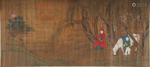 YU ZHIDING: INK AND COLOR ON SILK 'LANDSCAPE AND FIGURE' PAINTING