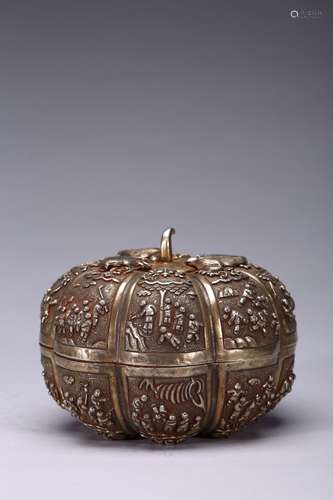 A SILVER REPOUSSE 'HUNDRED BOYS' MELON-SHAPE BOX AND COVER