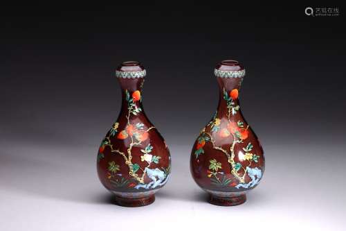 A PAIR OF ENAMELLED 'POMEGRANATE' RED GLASS VASES