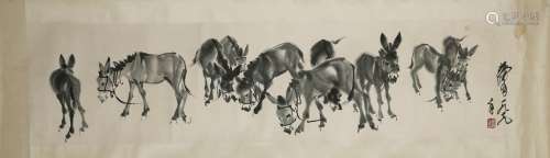 HUANG ZHOU: INK ON PAPER DONKEYS PAINTING