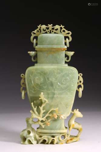 A SPINACH JADE CARVED 'DEER AND PLUM' VASE