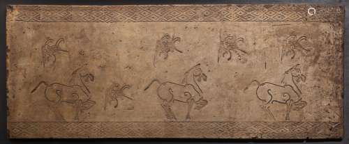 A GREY POTTERY TOMB TILE PANEL OF HORSES AND PHOENIX