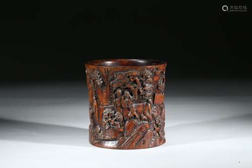 A ROSEWOOD CARVED 'LANDSCAPE' BRUSHPOT