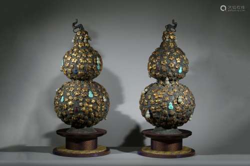 PAIR OF MAGNIFICENT & RARE IMPERIAL GILT SILVER GEMS DOUBLE GOURD VASES
