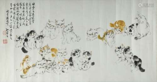 SUN JUSHENG: INK AND COLOR ON PAPER 'CATS' PAINTING