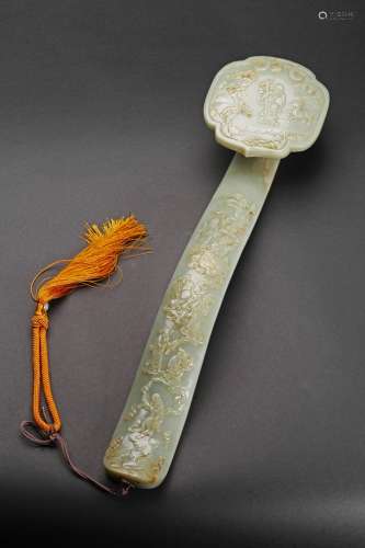 A LARGE JADE CARVED RUYI 'EIGHT IMMORTALS' SCEPTER
