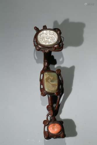 A WOOD CARVED JADE INLAID RUYI SCEPTER