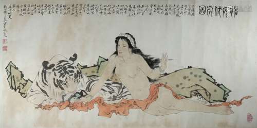 FAN ZENG: INK AND COLOR ON PAPER 'BEAUTY AND TIGER' PAINTING