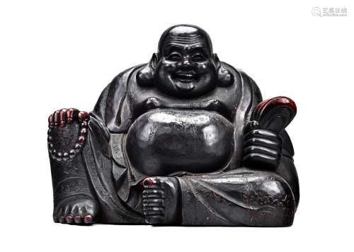 A LARGE WOOD LACQUER LAUGHING BUDDHA