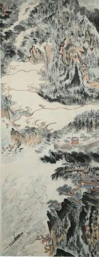 LU YANSHAO: INK AND COLOR ON PAPER 'LANDSCAPE' PAINTING