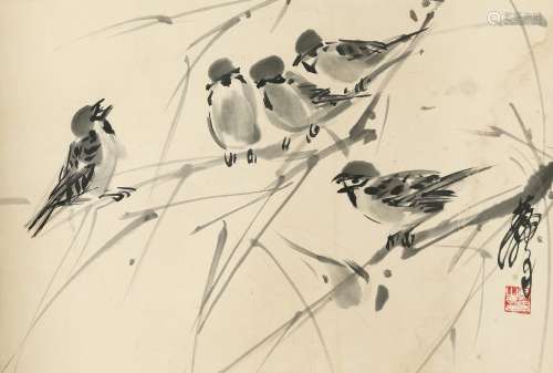 HUANG ZHOU: INK ON PAPER 'SPARROWS' PAINTING