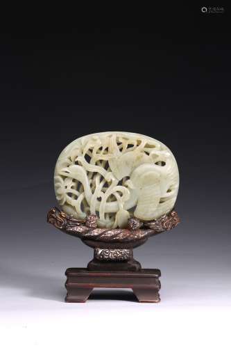 A WHITE JADE OPENWORK 'GOOSE' PLAQUE WITH STAND