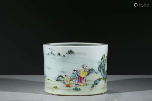 A FAMILLE ROSE 'LANDSCAPE AND FIGURES' BRUSHPOT