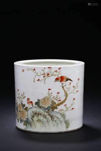 A QIANJIANG 'FLOWER AND BIRD' BRUSH POT