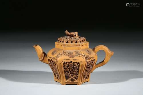 A YIXING OPENWORK HEXAGONAL TEAPOT