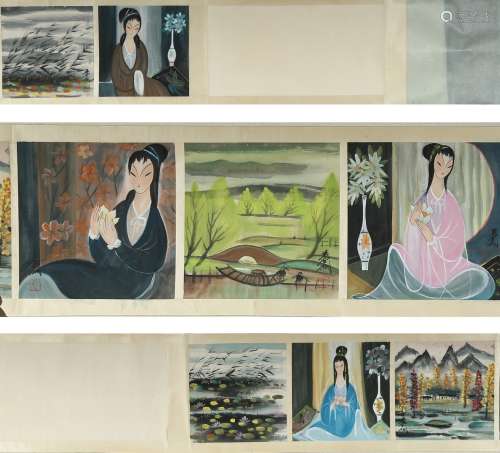 LIN FENGMIAN: INK AND COLOR 'BEAUTIES AND LANDSCAPE' HANDSCROLL