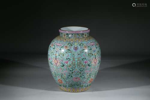 A FAMILLE ROSE TURQUOISE GREEN GROUND 'LOTUS SCROLL' JAR