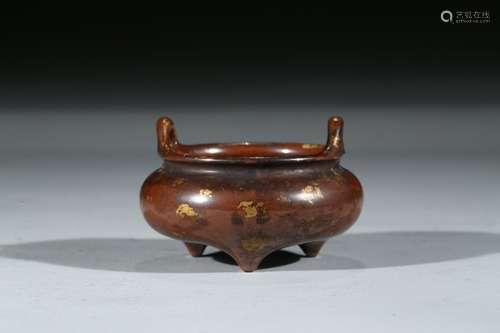 A BROWN GILT-SPLASHED GLAZED TRIPOD CENSER