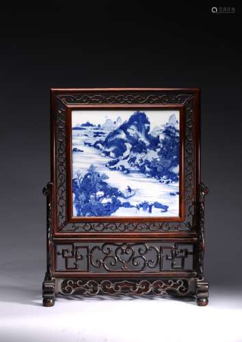 A BLUE AND WHITE PANEL MOUNTED TABLE SCREEN