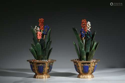 A PAIR OF GILT BRONZE 'GREEN JADE ORCHIDS' JARDINIERES