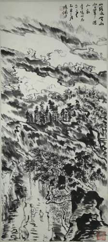 LU YANSHAO: INK ON PAPER 'LANDSCAPE AND FIGURES' PAINTING