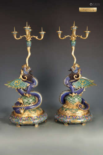 PAIR OF COPPER  CLOISONNE CANDLESTICKS WITH DRAGON SHAPED