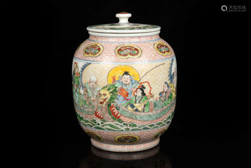 FAMILLE ROSE 'EIGHT IMMORTALS' JAR WITH LID