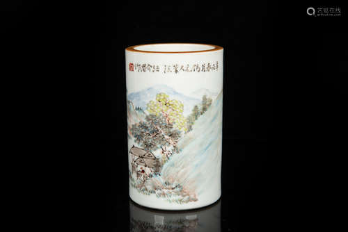 FAMILLE ROSE 'LANDSCAPE SCENERY' BRUSH POT