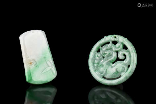 TWO JADEITE CARVED ORNAMENTS WITH CERTIFICATES