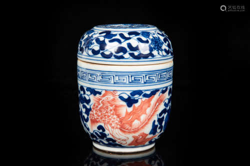 BLUE AND WHITE UNDERGLAZED RED 'PHOENIX' INCENSE BURNER WITH LID