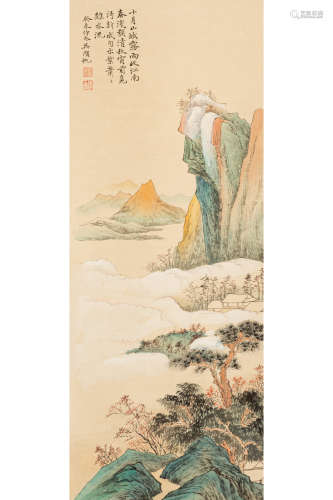 WU HUFAN: INK AND COLOR ON PAPER PAINTING 'LANDSCAPE SCENERY'