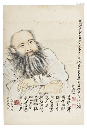 ZHANG DAQIAN: INK AND COLOR ON PAPER PAINTING 'SELF PORTRAIT'