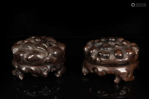 PAIR OF WOOD CARVED TRIPOD INCENSE BURNERS