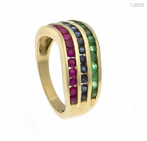 Multicolor-Ring GG 585/000 mit rund fac. Rubinen, Smaragden und Saphiren 2 mm in gutenFarben, RG 56,