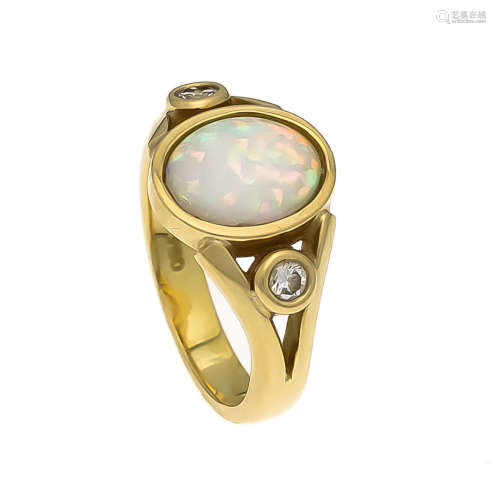 Opal-Brillant-Ring GG 750/000 mit einem ovalen, synth. Opal-Cabochon 10 x 8 mm mit sehrgutem