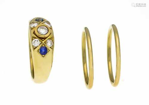 Saphir-Brillant-Ring GG 585/000 mit 2 rund fac. Saphiren 2,5 mm in sehr guter Farbe und 5Brillanten,