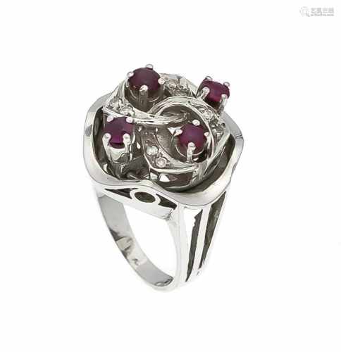 Rubin-Diamant-Ring WG 585/000 mit 4 rund fac. Rubinen 3 mm in guter Farbe und 8 Diamanten,zus. 0,