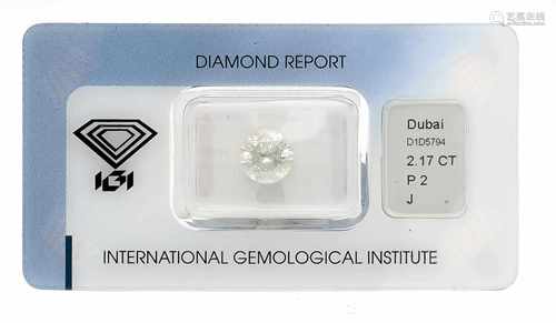 Brillant 2,17 ct, J/P2, keine Fluorescence, 8,08 - 8,12 x 5,23 mm, mit IGI Expertise Nr.D1D5794