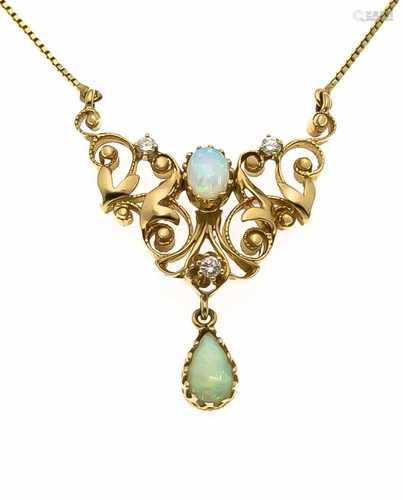 Opal-Brillant-Collier GG 585/000 mit einem ovalen- und einem tropfenförmigen Opal-Cabochon6 mm,