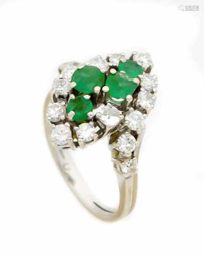 Smaragd-Brillant-Ring WG 585/000 mit 4 rund fac. Smaragden 4,3 - 3,3 mm und Brillanten,zus. 1,05