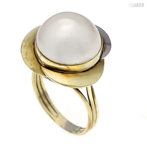 Mabé-Perlen-Ring GG/WG 585/000 mit einer runden Mabé-Perle 16,3 mm mit gutem Lüster, RG59, 10,9