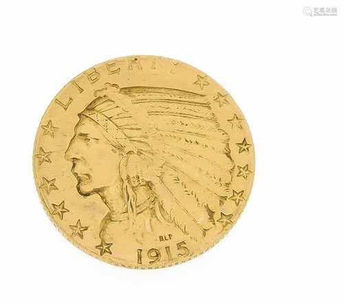 Goldmünze GG 900/000 5 Dollar Eagle/Indianerkopf 1915, D. 21 mm, 8,2 g