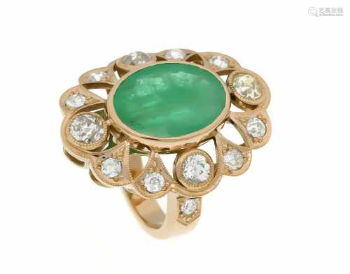 Smaragd-Altschliff-Diamant-Ring RG 750/000 (Russland 72 punziert) mit einem oval fac.Smaragd 14,50
