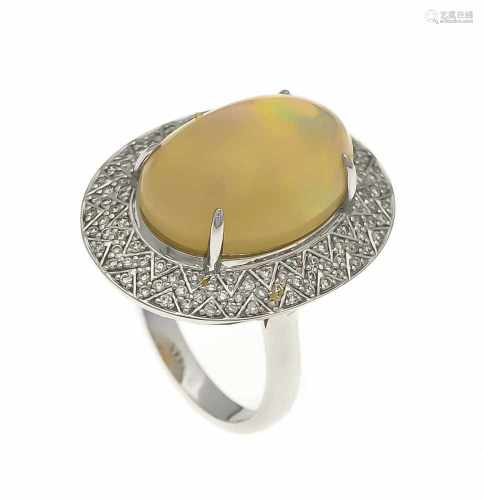 Opal-Brillant-Ring WG 750/000 mit einem exzellenten ovalen Milchopalcabochon 10,6 ct, 18 x13 mm, mit