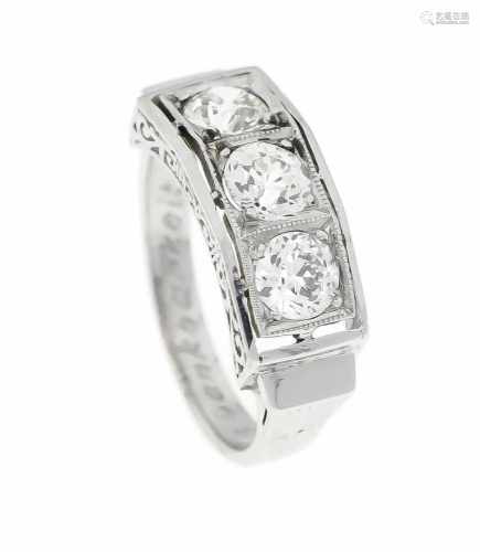 Altschliff-Diamant-Ring WG 585/000 mit 3 Altschliff-Diamanten, zus. 1,50 ctG-H/Lupenrein-VVS1, RG