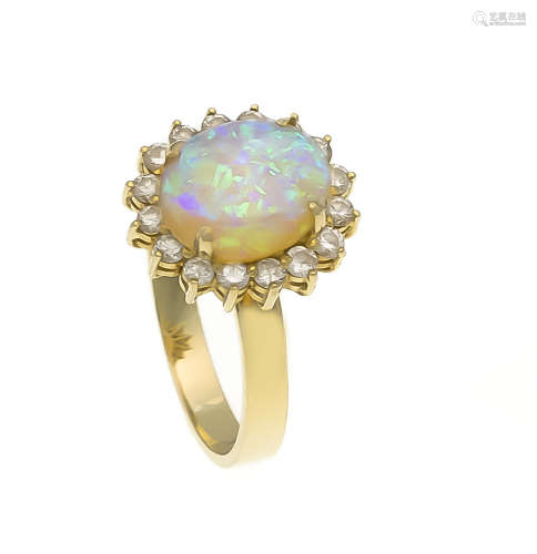 Opal-Brillant-Ring GG 750/000 mit einem ovalen Opal-Cabochon 11,0 x 9,4 mit schönem,blau-grünen