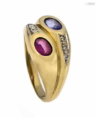 Turmalin-Tansanit-Diamant-Ring GG 585/000 mit je einem oval fac. Tansanit undPink-Turmalin 6 x 4