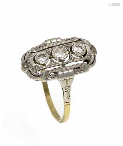 Art Déco Altschliff-Diamant-Ring GG/WG 585/000 mit 3 Altschliff-Diamanten, zus. 0,26 ctW/SI-PI, RG